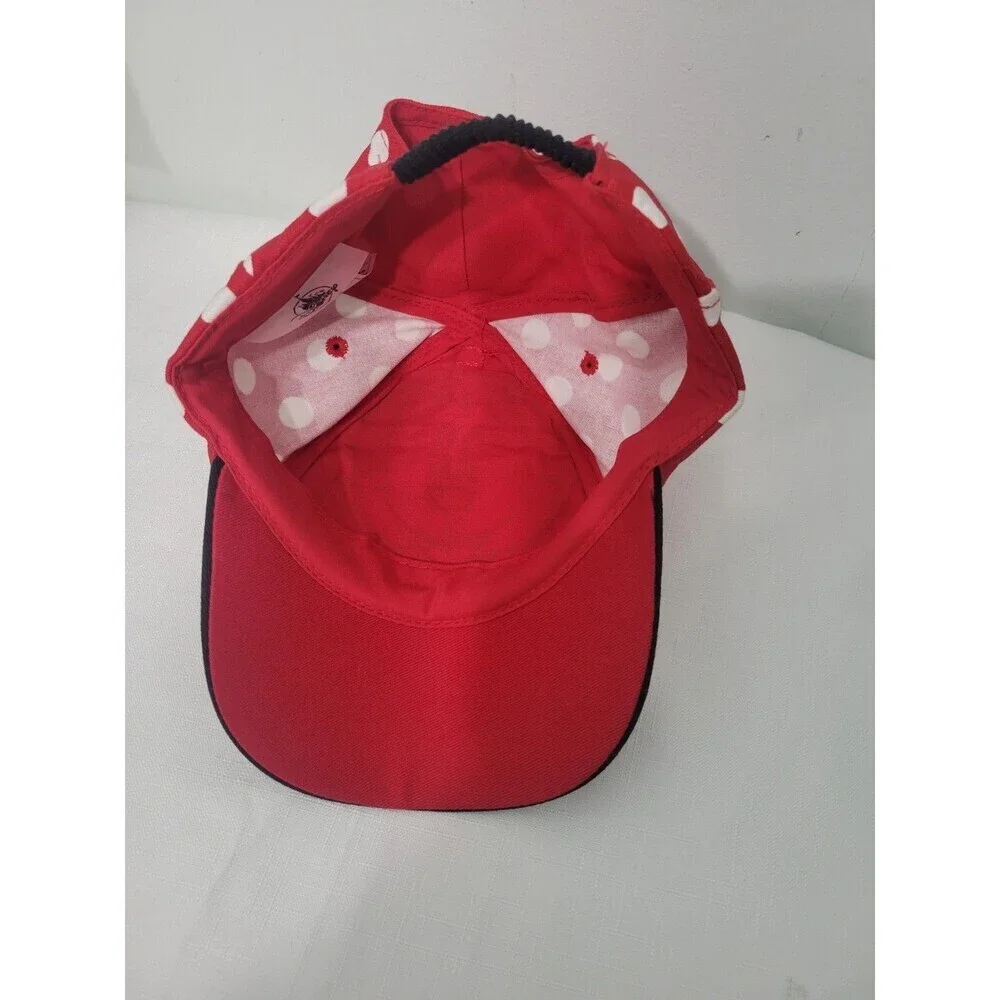 Disney Girls Hat Minnie Mouse  Ears Red Bow Embroidered Logo Black Polka Dots